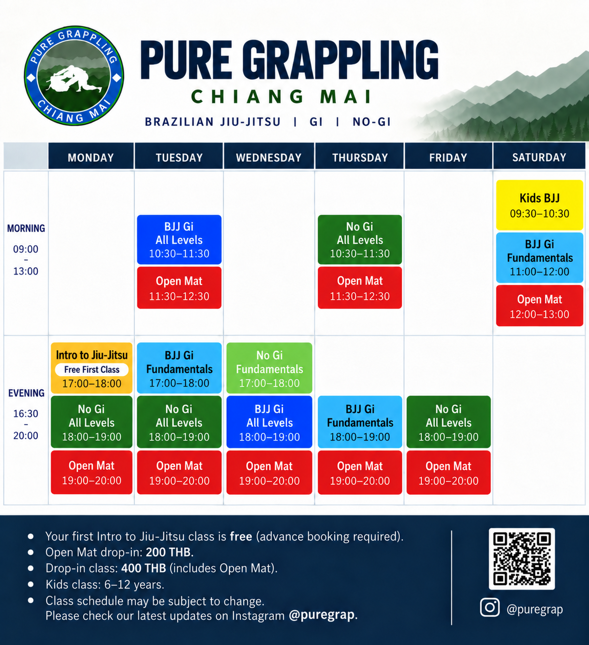 Pure Grappling Chiang Mai official October 2026 weekly BJJ class schedule, Monday through Saturday